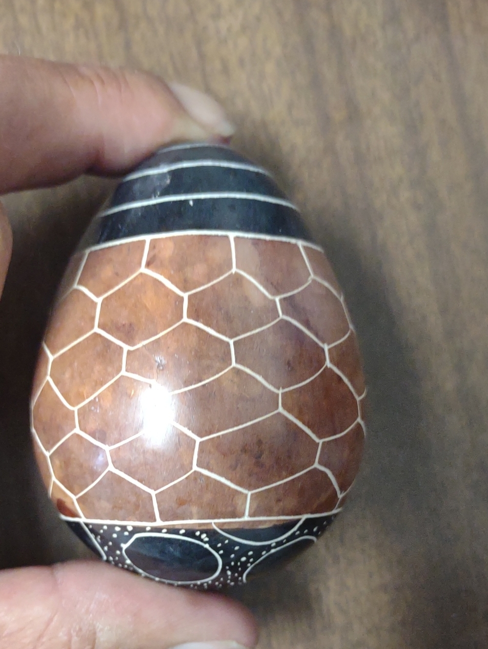 Carved Stone Decorative Ceramic Egg - Brown with White Pattern